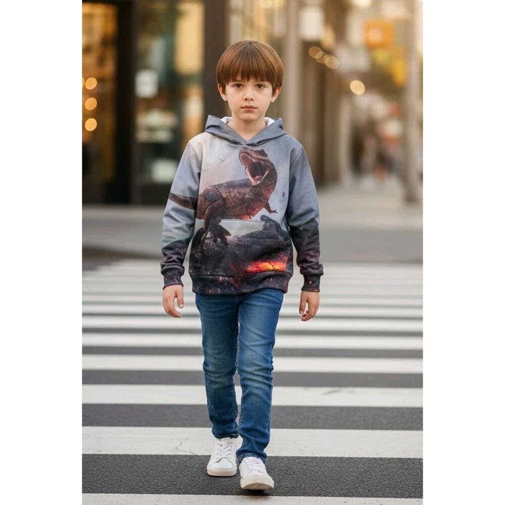 Boy's T REX Dinosaur Hoodie With Pockets Sweatshirt Back Front Print Size 6-7